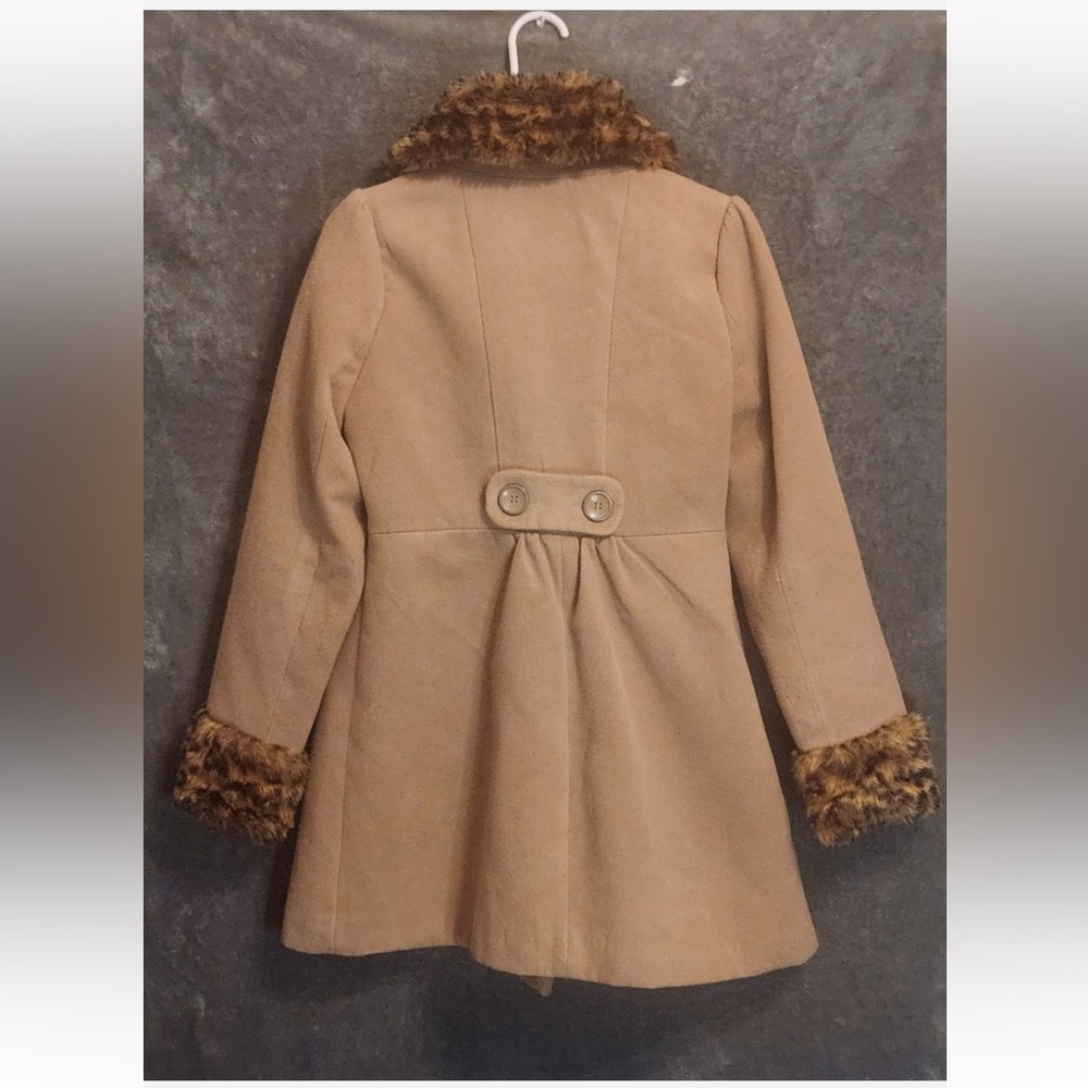 Jou Jou Camel Pea Coat with Leopard Faux Fur Accents - Picture 3 of 10